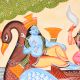 Lord Vishnu in Makara Boat Cloth and Paper Kalighat Painting by Artist Sahajan Chitrakar