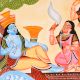 Lord Vishnu in Makara Boat Cloth and Paper Kalighat Painting by Artist Sahajan Chitrakar
