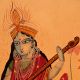 Vintage Paper Painting of Goddess Saraswati for Prayer Room
